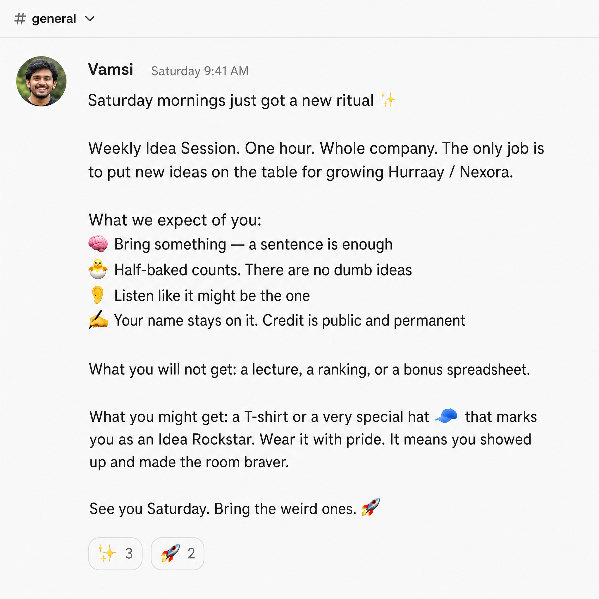 Internal Slack message announcing the Weekly Idea Session
